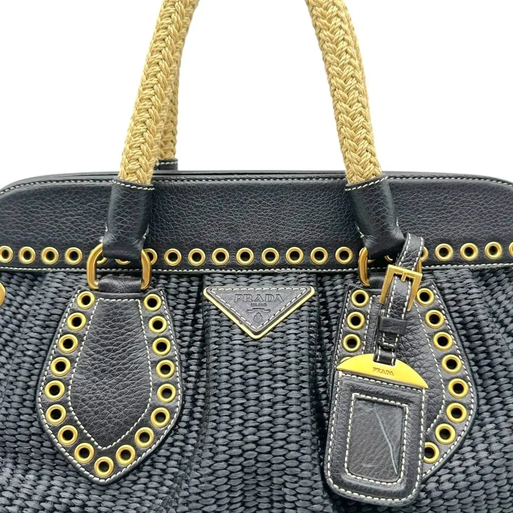 Prada Black Raffia Rivet Studded Doctors Handbag